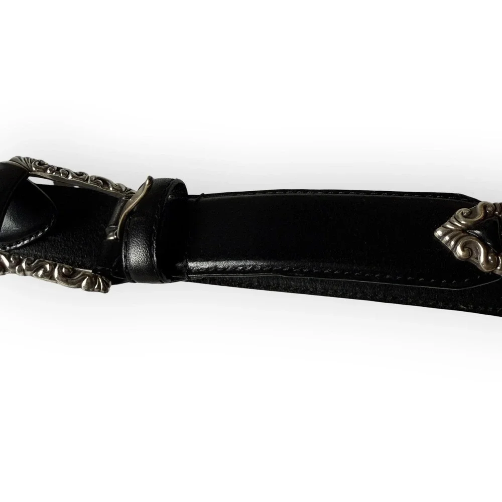 Vintage Fossil Black Leather Western Belt Ornate Silver Buckle Tip Keeper Y2K M
